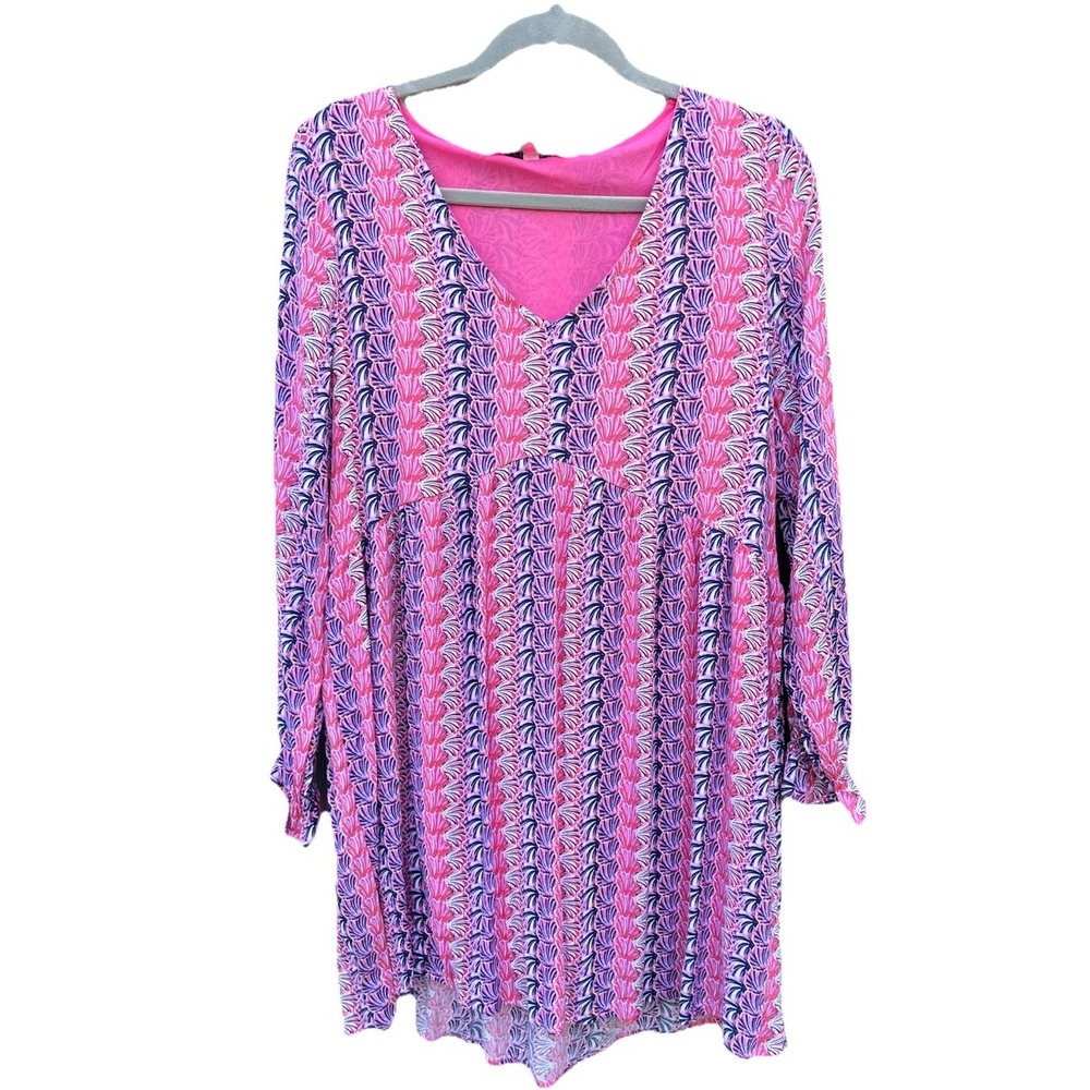 SIMPLY SOUTHERN Pink + Blue SeaShell Print Long Sleeve Babydoll Dress NWT Small